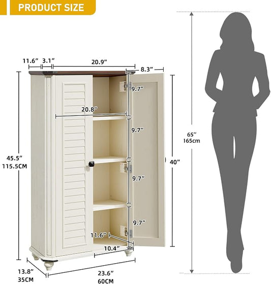 DWVO 4-Tier Storage Cabinet, 45.2" Farmhouse Kitchen Pantry Cabinet wth 2 Shutters-Doors & Adjustable Shelves, Wooden Tool Cabinet for Dining Room, Bathroom, Living Room, Laundry Room, Office, White