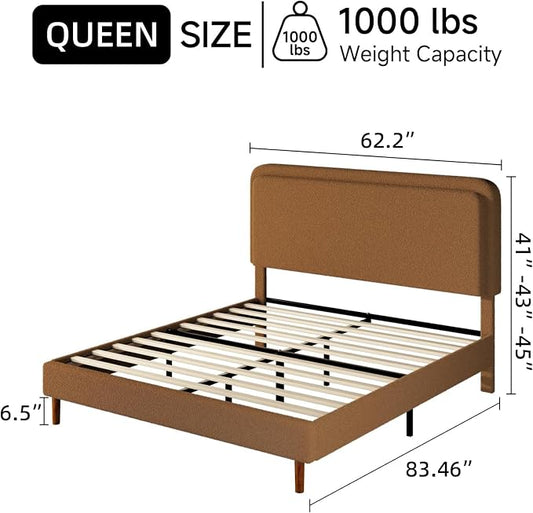 Queen Size Boucle Platform Bed Frame with Adjustable Headboard, Upholstered Cloud Bed, Solid Wooden Legs, Easy Assembly, No Box Spring Needed, Brown