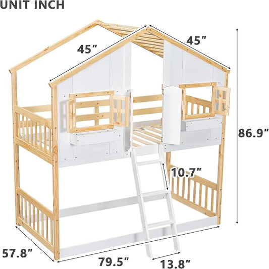 Twin over Twin House Bunk Bed with Roof,Windows,Door,Window Boxes,Safety Guardrails & Ladder,Pine Wood Frame,Low-Height Kids Bunk Beds for Bedrooms,Playful Loft Bed with Easy Assembly, Natural+White