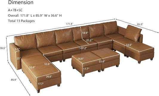 EASE MOOSE Faux Leather Sectional Sofa,U Shaped Faux Leather Modular Sectional Sofa ,Brown Modular Couch for Living Room