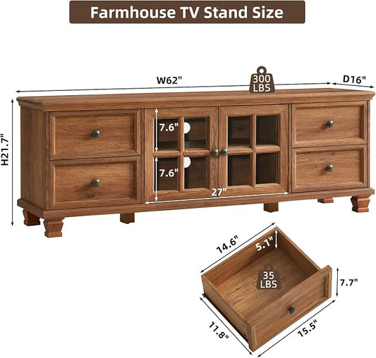 SAVOR LIFE Farmhouse TV Stands for Living Room, Rustic Entertainment Center with 4 Drawers & Thickened Top & Square Wooden Legs for 65 inch TV, Brown