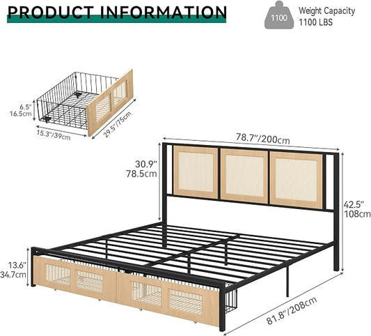 YITAHOME Natural Rattan King Bed Frame with Wooden Headboard and 2 Storage Drawers Underneath, Boho Cane Bed Platform Bed with Metal Slat, Noise Free, No Box Spring Needed
