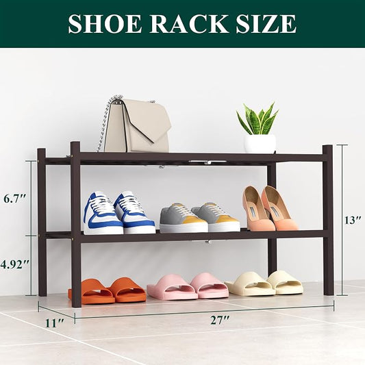 Smiry Bamboo Shoe Rack, 2 Tier Free Standing Wooden Shoe Organizer, Stackable Wood Shoe Storage Shelf for Closet, Entryway, 14 Vertical Slats, One-piece Heavy-Duty Legs, 26.8"x11"x13", Brown