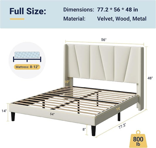 Allewie Full Size Platform Velvet Bed Frame with Geometric Wingback Headboard, Boho Upholstered Bed with Wooden Slats Support, No Box Spring Needed, Easy Assembly, Cream