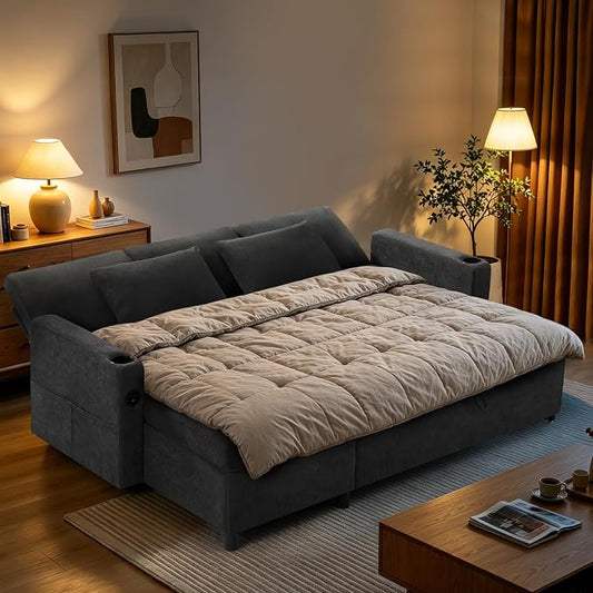 84" L-Shape Pull Out Sofa with 2 Storage Chaise, Grey | Fabric Sectional Sleeper Sofa with Adjustable Backrest, Upholstered Reversible Couch Bed with USB Port for Living Room, House