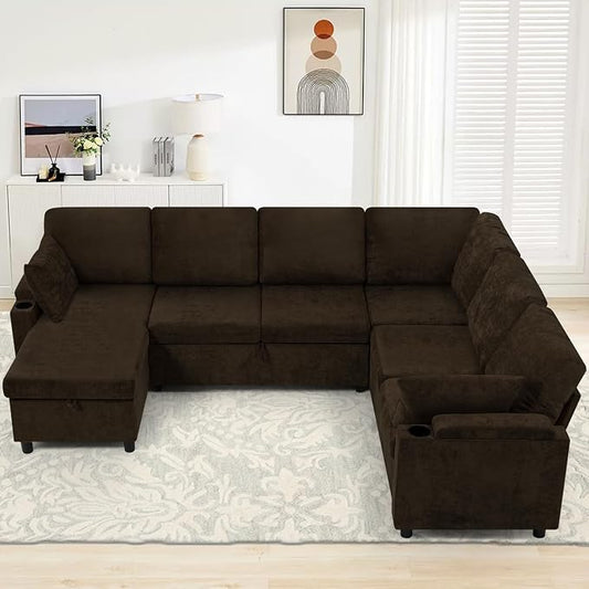 110" Chenille Sectional Sofa w/Pull Out Bed & Storage Chaise, Brown | Reversible U Shape Sofa w/Storage Armrests & Cup Holders, Corner Couch w/USB Charging Port & Throw Pillows for Living Room