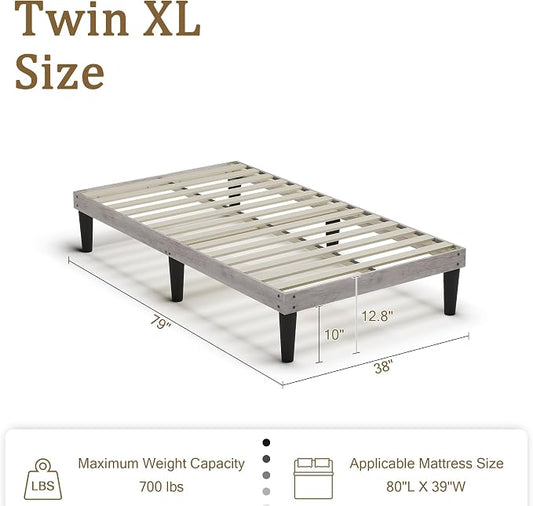 Yumori 12.9 Inch Minimalist Style Twin XL Size Bed Frame, Wood Platform Bed with Wood Slat Support, No Box Spring Needed, Easy Assembly, Grey