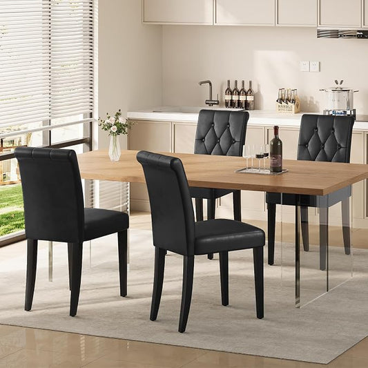 Welzona Upholstered Dining Chairs Set of 6, Button Tufted Parsons Dining Chair with Solid Wood Legs, Modern PU Leather Side Chair for Dining Room/Kitchen/Restaurant/Hotel- Black
