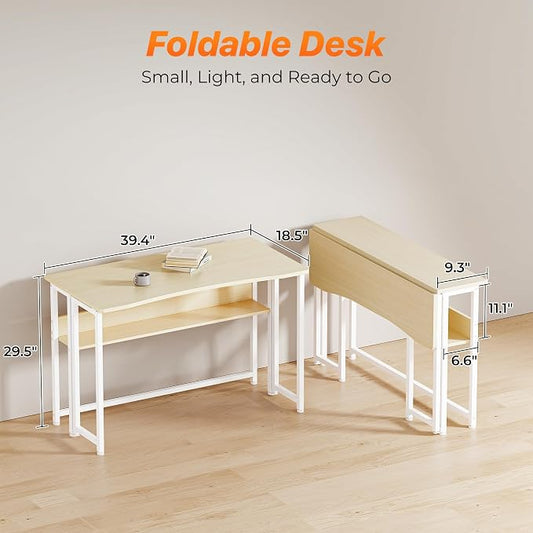 Huuger Folding Desk with Storage Shelf, 39.3 Inch Foldable Computer Table for Small Spaces, Space Saving Sofa Table for Couch, Writing Work Office Computer Desk, Easy to Fold, Oak