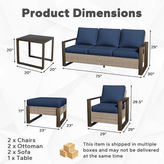 Joyside Outdoor Patio Chairs, 7 Pieces Wicker Rattan Furniture Set, 2 Patio Chairs, 2 Sofa, 2 Ottoman and 1 Table, Metal Wide Armrest, Thick Cushions and Deep Seating for Garden, Backyard, Porch