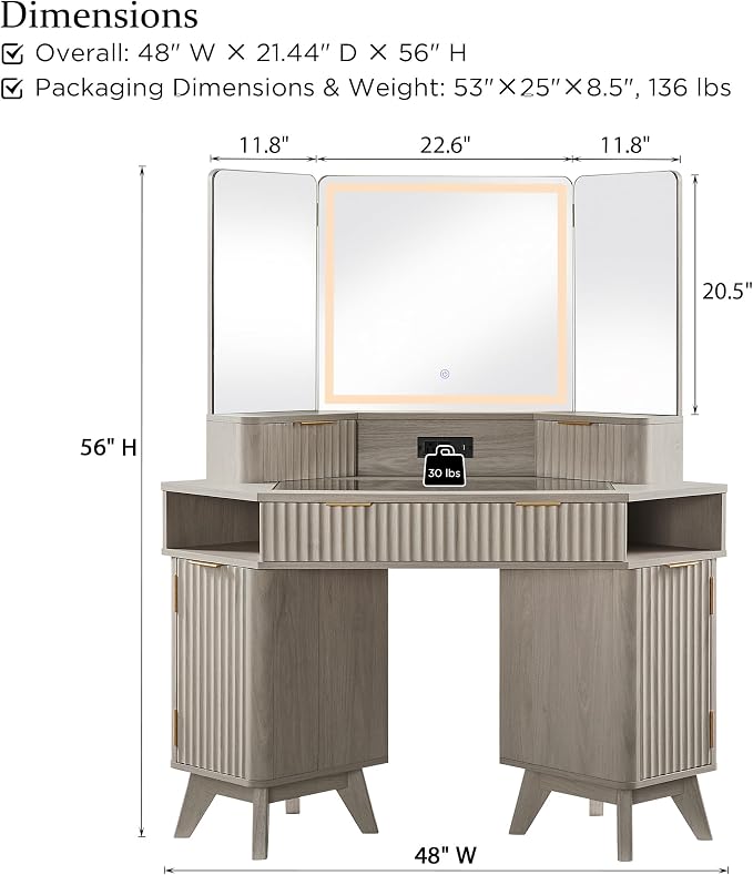 T4TREAM Fluted Makeup Vanity Desk with 3 Way Mirror and Lights, 48" Large Corner Vanity Table with Glass Top, Charging Station, 3 Drawers, Storage Cabinets & Shelves, for Bedroom, White Alder