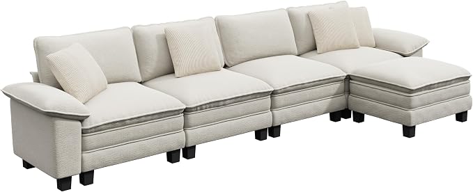 PHI VILLA Cloud Modular Couch Sets, 157.5" Oversized Sectional Sofa with L-Shaped Chaise, 5-Seater Upholstered Couches with Movable Ottoman for Living Room, Chenille Beige