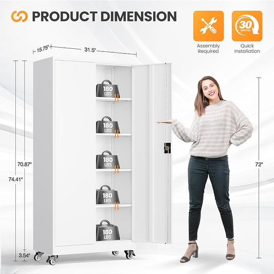 Garage Storage Cabinet with Doors and Shelves, Garage Cabinets with Wheels, Metal Lockable Storage Caninet,Tall Tool Cabnet on Wheels for Workshop/Home/Office/Shop - (White 75”H)