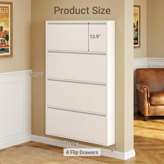 Shoe Cabinet with 4 Flip Drawers, Slim Metal Wall-Mounted Shoe Storage Organizer for Entryway, Hallway, Mudroom, Hidden Narrow Rack, White