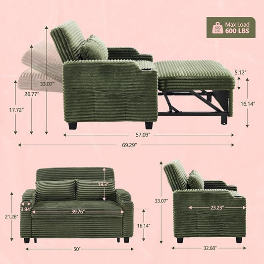 VINGLI Green Futon Sofa Bed Convertible Loveseat Sleeper Sofa Couch, Corduroy Pullout Sofa Fold Out Couch Bed with USB Ports, Cup Holders, Armrest for Living Room, Bedroom Apartment Room