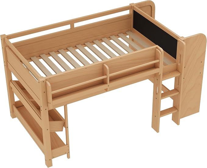 Bellemave Twin Size Low loft Bed with Desk and bookcases, Boxes and Drawers for Kids,Wood Modern Farmhouse Kids Loft Beds with Shelf, Natural