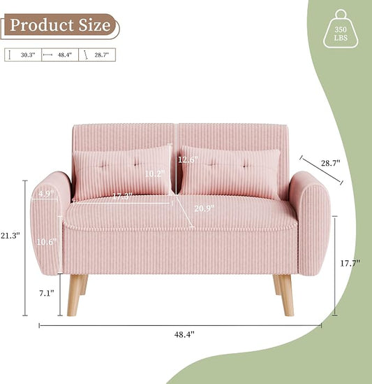 Vongrasig 47" Small Modern Loveseat Sofa, Mid Century Soft Corduroy Fabric 2-Seat Sofa Couch Tufted Love Seat with Back Cushions and Tapered Legs for Living Room, Bedroom and Small Space (Pink)