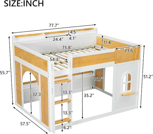 Full Over Full Bunk Bed with Storage Shelves,Window and Two Doors,for Kids Teens Adults Use (White+Natural-Doors, Full Over Full)