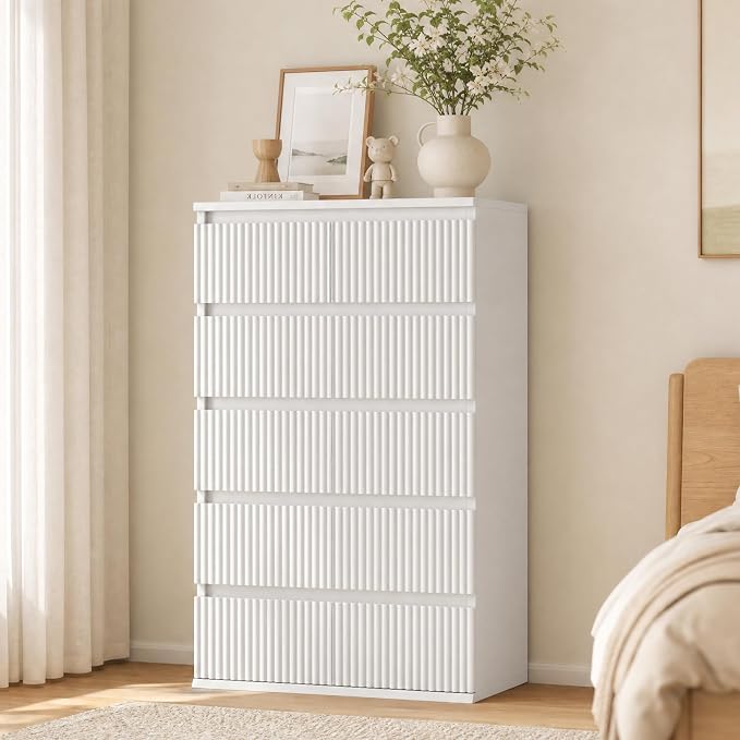Jocoevol Fluted 6 Drawer Dresser for Bedroom, Modern Wood Chest of Drawers, Tall Storage Dresser with Deep Drawers, Handleless Floor-Standing Dresser for Bedroom, Living Room, Entryway, White