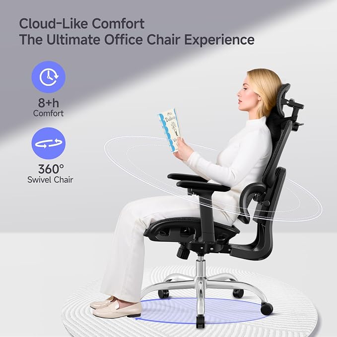 Ergonomic Office Chair with 3D Headrest, Computer Chair with Adjustable Backrest & 3D Armrest, Gaming Chair with Adaptive Lumbar Support, Mesh Backrest & Cushion, Black