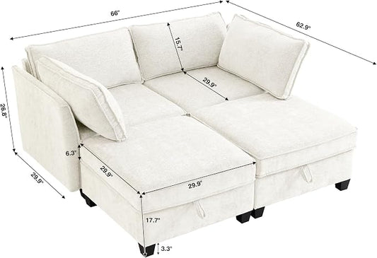 ORRD Sleeper Modular Sectional Sofa Set, Convertible Couch Bed with Storage, 4 Seater and 2 Armrestes Sofa Modular for Living Room, Office (Beige)