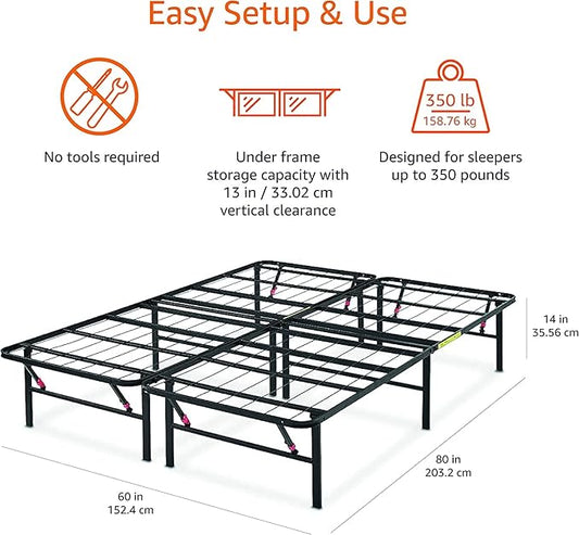 Amazon Basics Bed Frame with Storage, Foldable Metal Platform, Sturdy Steel, No Box Spring Needed, 14-inch High, Tool-Free Setup, Noise Free, Easy Assembly, Queen Size, Black