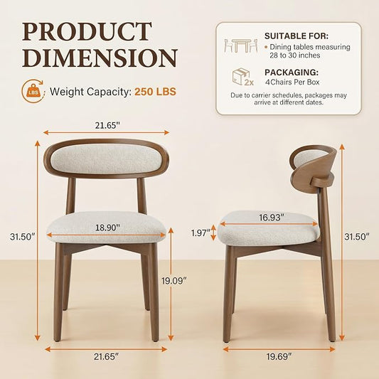 Wooden Dining Chairs Set of 4, Modern Fabric Upholstered Dining Room Chair, Kitchen Side Chairs, Farmhouse Dinner Chair with Curved Back for Kitchen, Beige