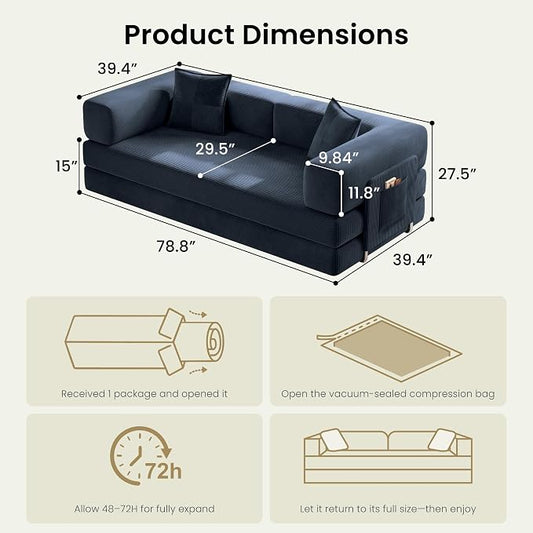 78.8" Convertible Sofa Bed,Corduroy Futon Couch with Storage Pocket,Folding Pull Out Futon Sofa,No Assembly Boneless Couch for Home & Apartment, Royal Blue