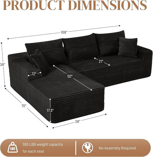 108" L Shaped Cloud Boneless Sectional Couches for Living Room, Modern Comfy Modular Deep Seat Memory Foam Compressed Corduroy Sofa Oversized Left Facing Chaise, No Assembly Required, Balck