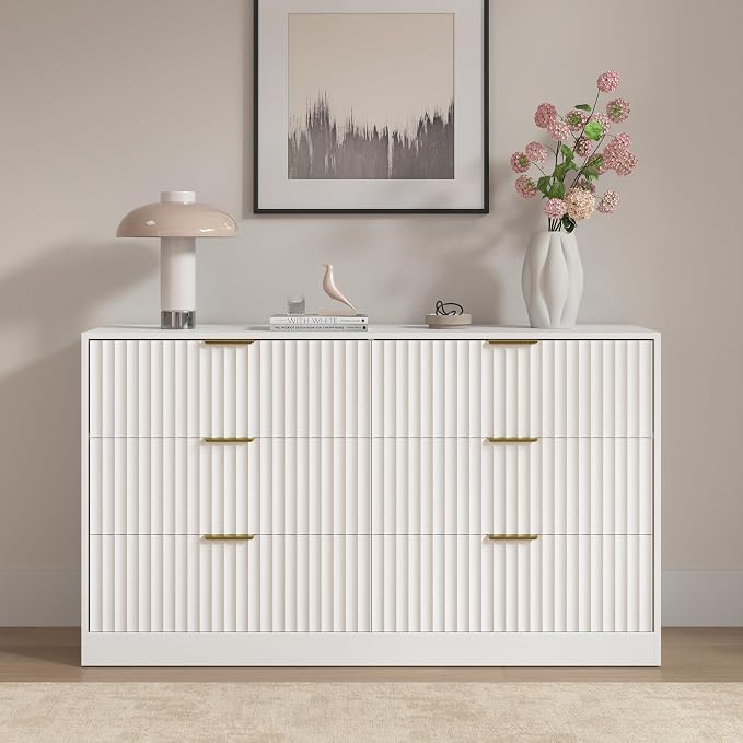 White 6 Drawer Dresser for Bedroom, 55" Wide Fluted Chest of Drawers with Gold Metal Handles, Wood Dresser Storage Organizer Mid Century TV Stand for Living Room Closet Hallway