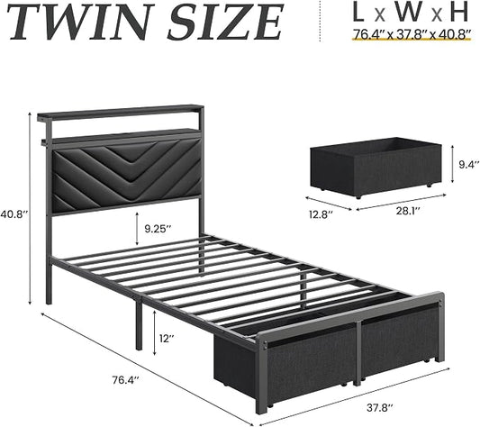 Fluest Twin Bed Frame with Storage Drawers, Upholstered Headboard with Charging Station, LED Lights, Fabric Drawers with Wheels, Under Bed Storage, No Box Spring Needed, Easy Assembly, Black
