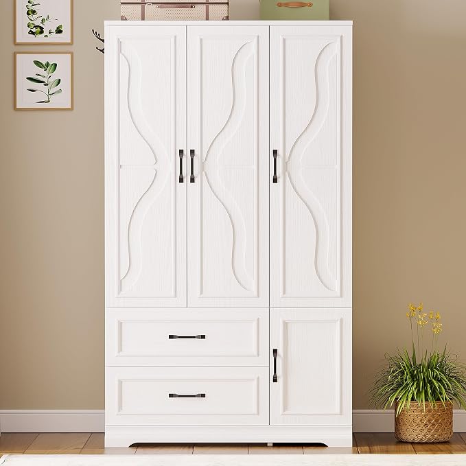LIKIMIO Armoire Wardrobe Closet with 4 Doors and Drawers, Wardrobe Cabinet with Storage Shelves and Side Hooks, Clothing Storage Cabinet for Bedroom, White