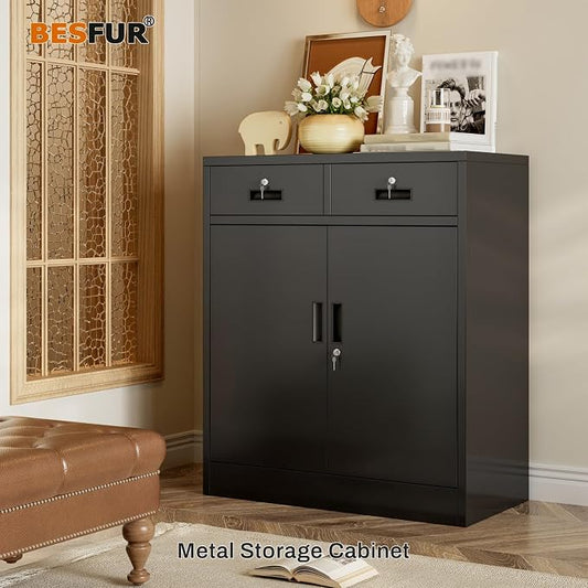 BESFUR Metal Storage Cabinet, Garage Storage Cabinet with 2 Drawers and Adjustable Shelf, Locking Short Storage Cabinet for Office Garage Home, Black Metal Cabinets(36" H x 31.5" W x 16" D)