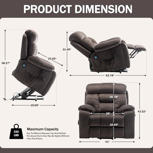JIKFRIMA 26in Oversized Power Lift Recliner Chair with Massage Heat | Lift Chair for Elderly with Hidden Cup Holders,Side Pockets,Infinite Position Power Control,Velvet Fabric