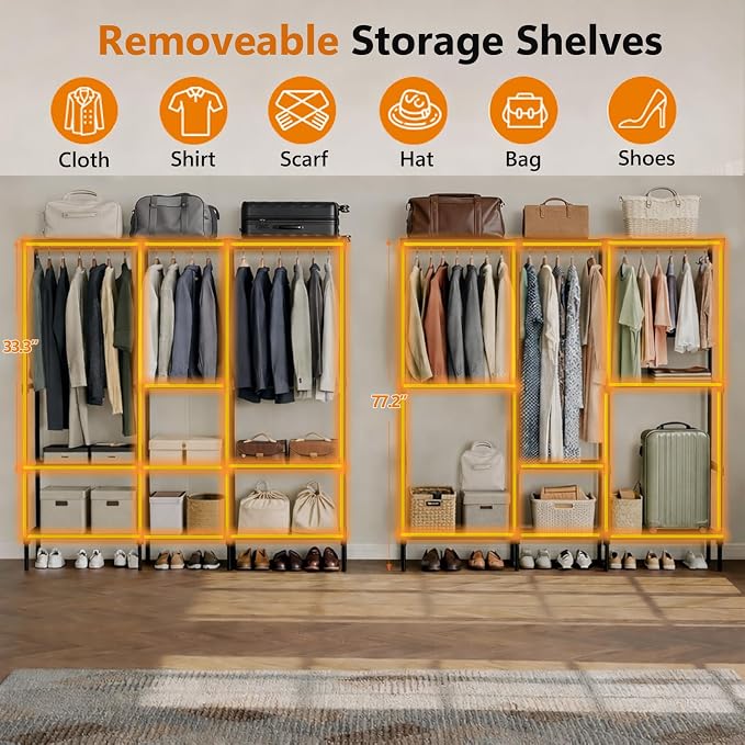 Simple Deluxe Clothes Rack, Heavy Duty Clothing Rack, 4-Shelf Portable Adjustable Wardrobe Closet with Hanging Rods, 80.7" W x 15.5" D x 77.1" H, Black