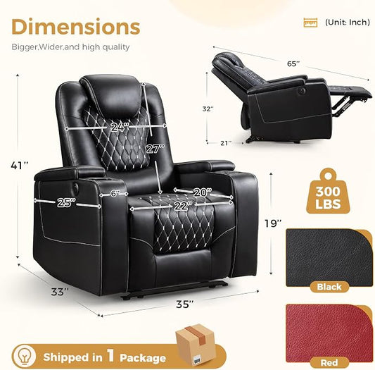 ANJ Power Recliner Chair with USB Ports and Cup Holders - Overstuffed Electric Home Theater Seating PU Leather Reclining Furniture with Hidden Arm Storage, Easy to Clean (Black)