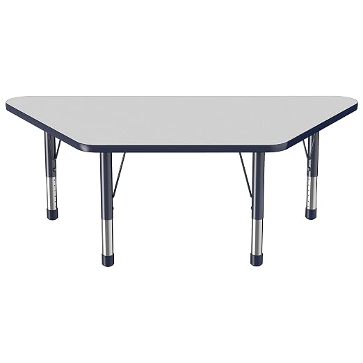 FDP Trapezoid Activity School and Classroom Kids Table (30 x 60 inch), Chunky Toddler Legs for Collaborative Seating Environments, Adjustable Height 15-24 inches - Gray Top and Navy Edge