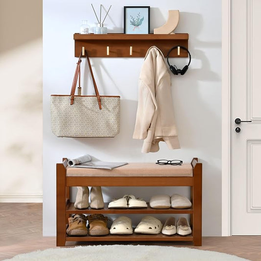PETKABOO Shoe Rack for Front Door Entrance, 28” Entryway Bench with Coat Rack, Hall Tree Shoe Bench with Storage for Entry, Hallway, Bedroom, Living Room