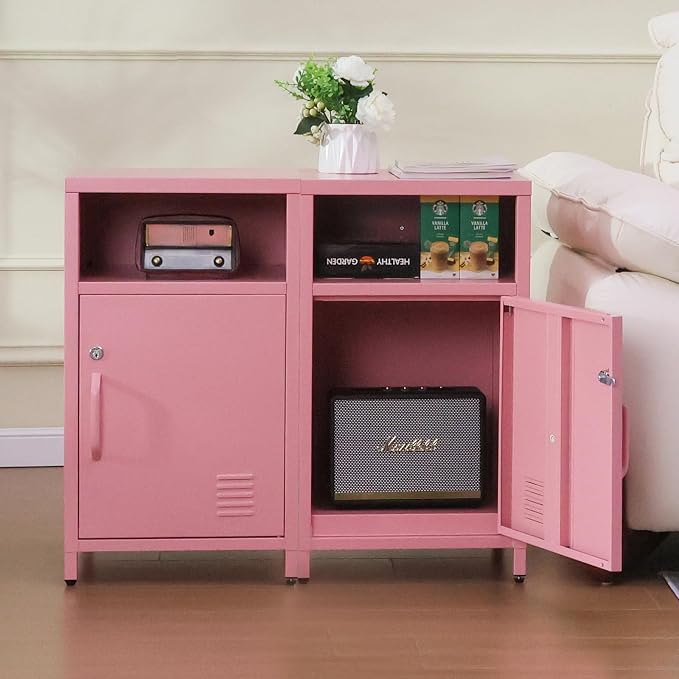 ALBAD Compact Metal Nightstand with Lockable Cabinet and Open Shelf, Modern Bedside Table, Versatile Side Table for Bedroom, Living Room, or Office (Pink, 26" H-Lockable Door)