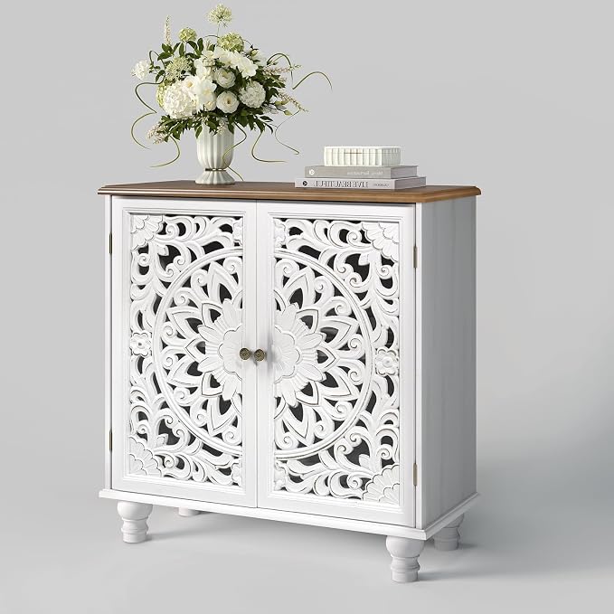 JOINICE White Accent Cabinet with Walnut Finish Top, 31" Farmhouse Storage Cabinet with Carved Doors for Living Room, Sideboard Buffet for Dining Room, Solid Wood Legs