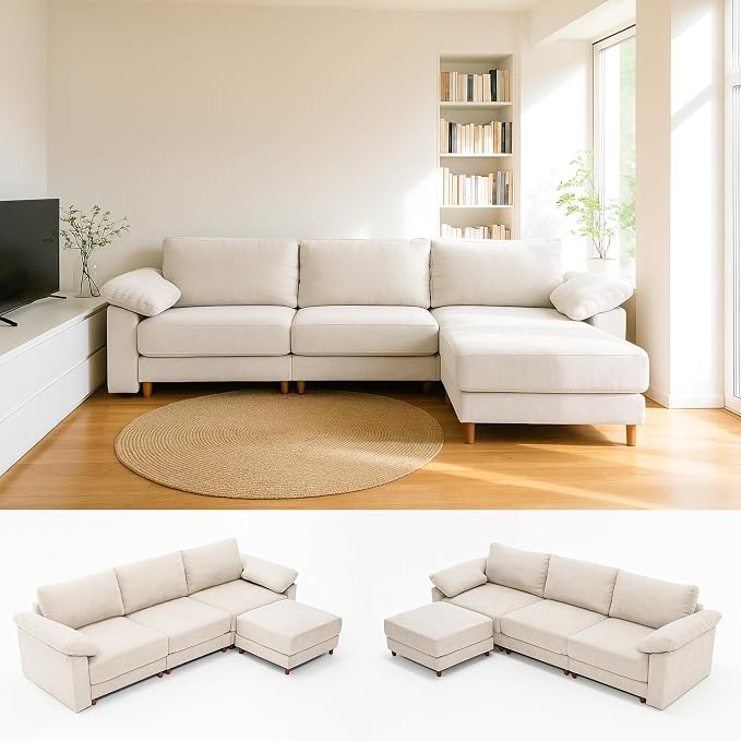 Oversized Modular Cloud Couch with Removable Washable Cover, L -Shaped Sectional for Large Living Room, Plush Chenille & Deep Seat(Beige)