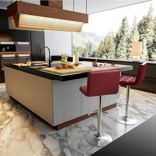 Homall Bar Stools Modern PU Leather Adjustable Swivel Barstools, Armless Hydraulic Kitchen Counter Bar Stool Extra Height Square Island Barstool with Back Set of 2 (Wine Red)