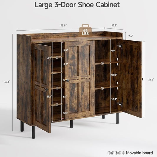 ONBRILL Shoe Cabinet with 3 Doors and Adjustable Shelves, 30 Pairs Shoe Storage Cabinet, 40 Inch Tall Farmhouse Shoe Rack Shoe Organizer Cabinet for Entryway Living Room Closet, Rustic Brown
