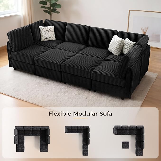KKL Modular Sectional Sofa Bed with Storage Ottoman, 123 Inch Convertible L/U/J-Shaped Sleeper Couch Plush Wide-Wale Corduroy for Living Room, Apartment, Modern Design, Black