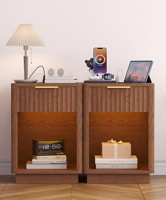 Akxomel Fluted Nightstands Set of 2, Wooden Night Stand with Charging Station and LED Light, Modern Mid Century End Table with Drawer, 15" D x 15.7" W x 22.6" H, for Bedroom, Walnut
