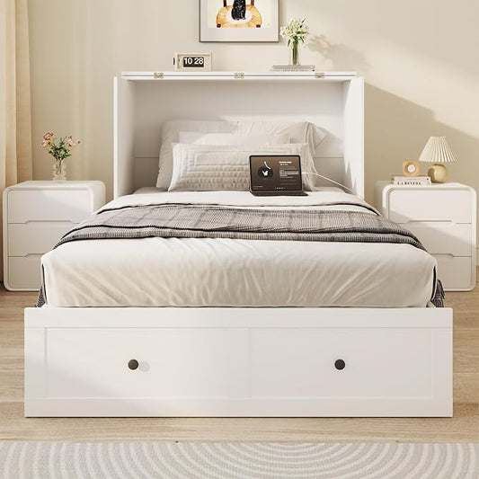 LIVAUVEAD Twin Murphy Bed with Built-in Charging Station, Space-Saving Murphy Bed Chest Twin with Drawer, Foldable, for Home Office Guest Room Bedroom White