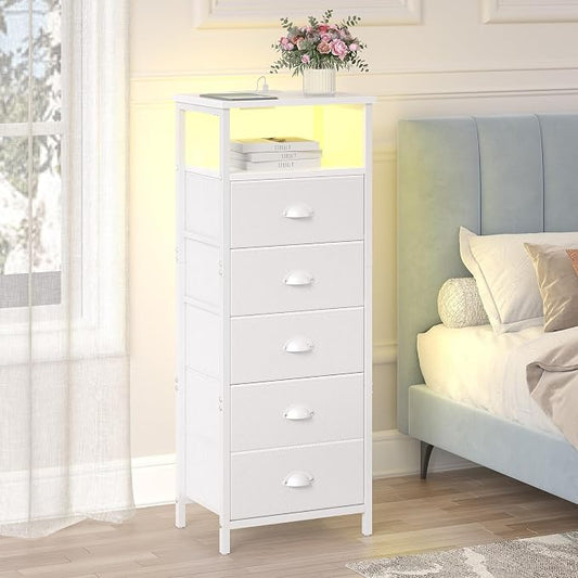 sthmec Nightstand with Charging Station,LED White Nightstands with 5 Fabric Drawers PU Finish, Bedside End Tables, 2-Tier Open Storage Shelf Side Table Nightstand with Drawers for Bedroom,White