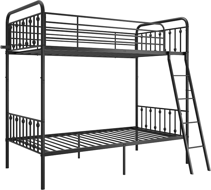 SHA CERLIN Convertible Twin Over Twin Bunk Bed,CPC Certified,Black | Victorian Iron-Art Headboard and Footboard,Space-Saving Metal Bunk Bed with Guardrail & Ladder,No Box Spring Needed