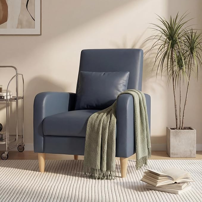 COLAMY Mid-Century Modern Upholstered Accent Chair with Back Pillow & Solid Wood Legs, Leather Cozy Armchair for Living Room, Bedroom, Reading Nook, Apartment & Small Spaces, Blue