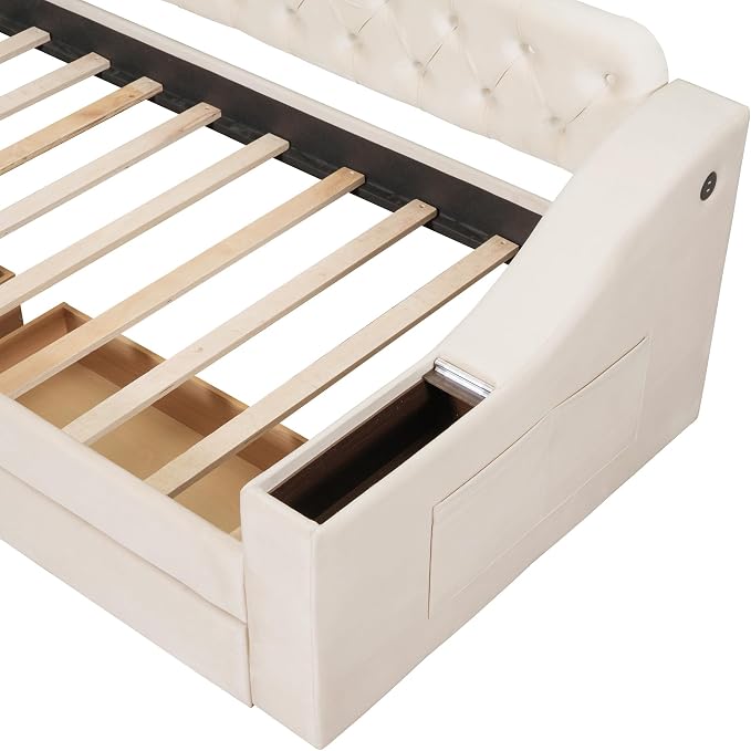 Merax Twin Size Upholstered Daybed with Storage Armrests, Wooden Sofa Bed Frame with 2 Drawers and USB Port, Beige